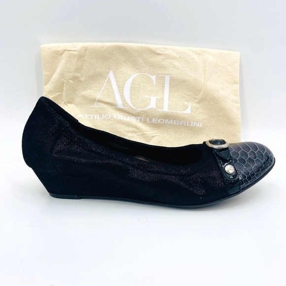 AGL ATTILIO GIUSTI LEOMBRUNI Black Leather Snakeskin Cap Toe Low Wedge Shoes - Picture 1 of 10